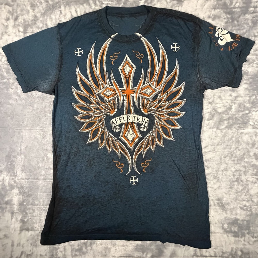 Vintage Affliction Shirt Mens 2XL Navy Cross Wings Graphic Grunge Y2K Paper Thin